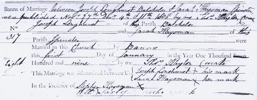 Record of marriage between Joseph Longhurst and Sarah Haysman.