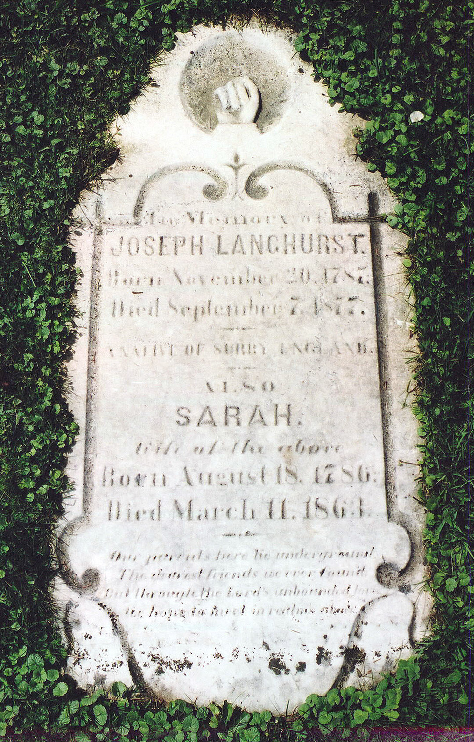 Gravestone of Joseph and Sarah Longhurst.